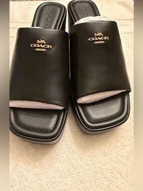 New COACH Black Leather for woman Slide Sandals wedges with Gold Logo
